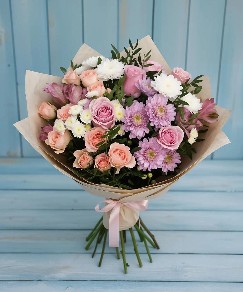 Букет цветов из: Хризантемы, Розы и Альстромерии в Новоомском