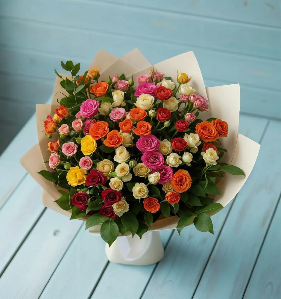 Букет Микс из разноцветных кустовых роз в Новоомском
