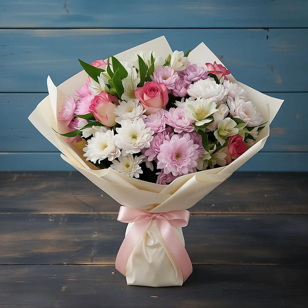 Букет цветов из: Хризантемы, Альстромерии и Розы в Новоомском